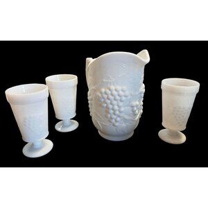 Vintage Indiana Glass Milk Glass Harvest Grape Pitcher & Tumblers Set
